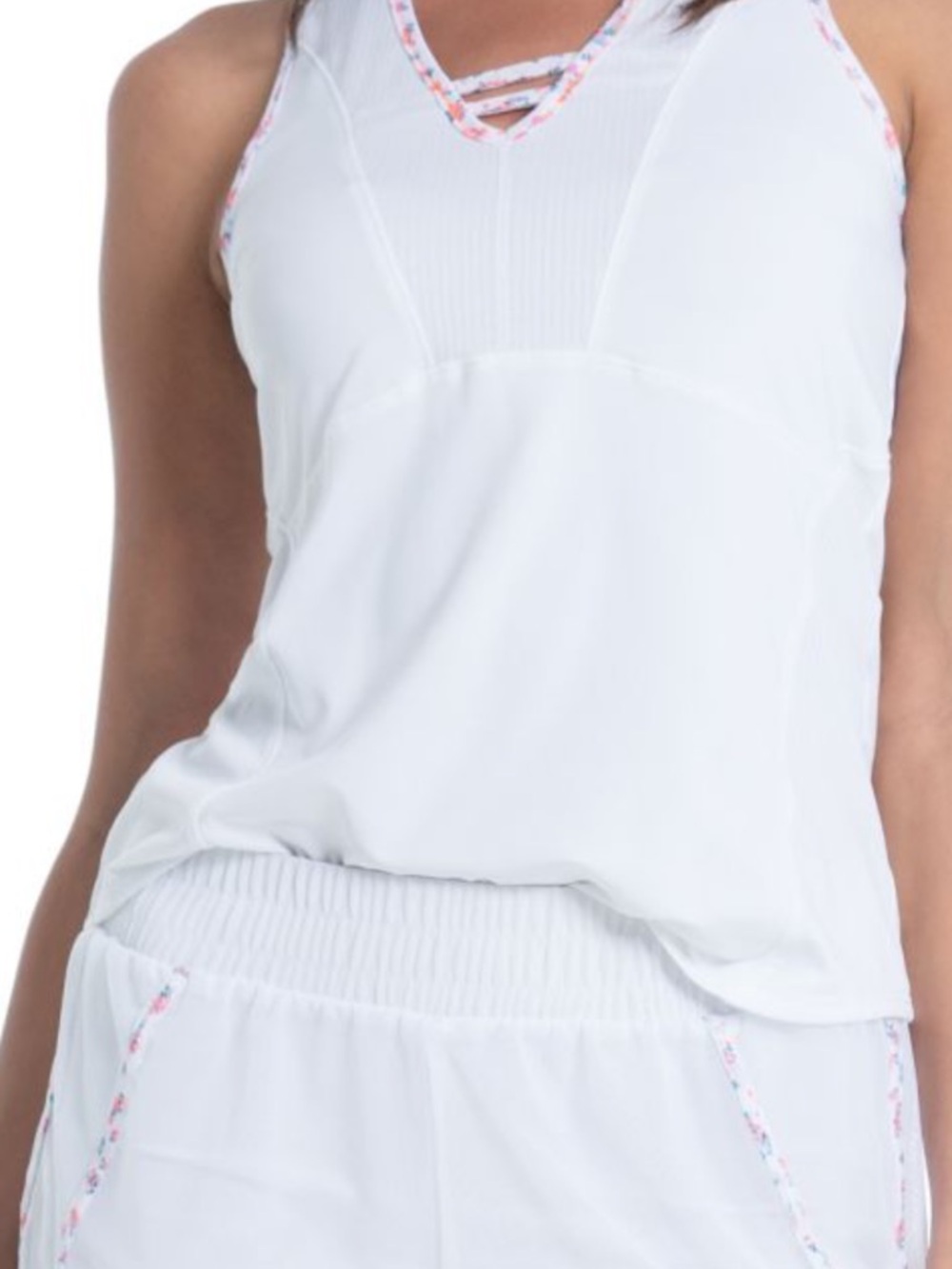 Lucky in Love White Tank with Pink Floral Trim